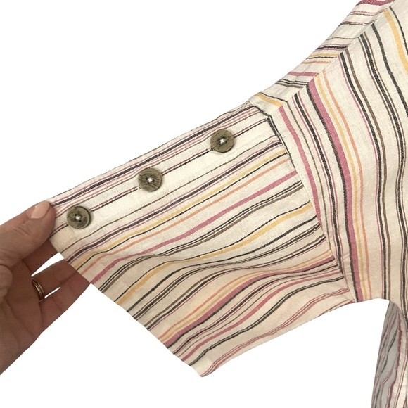 Chico’s Linen Blend Striped Tunic Top Size M White Pink Multi Button Sleeve Boxy - Picture 2 of 13